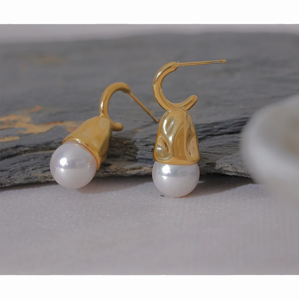 Hammered Gold Pearl Earrings