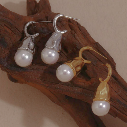 Hammered Gold Pearl Earrings