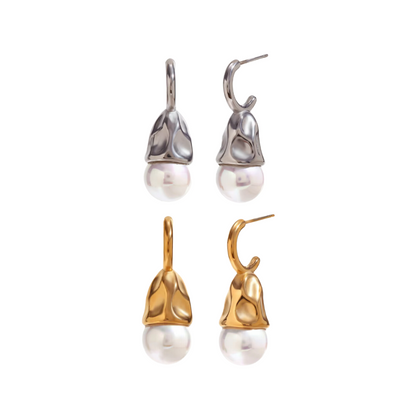 Hammered Gold Pearl Earrings